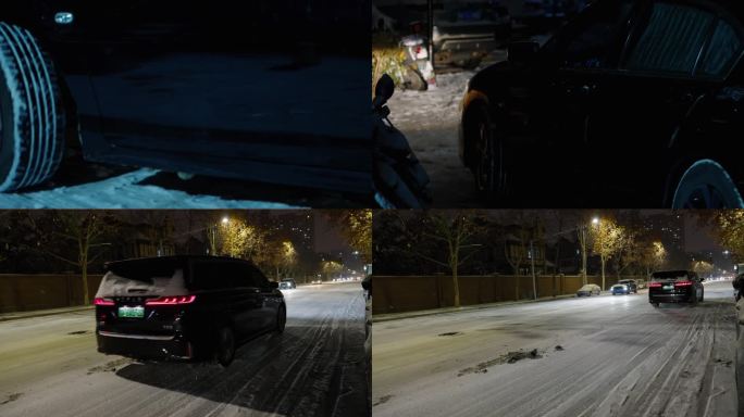 冬天下大雪暴雪晚上回到小区的汽车