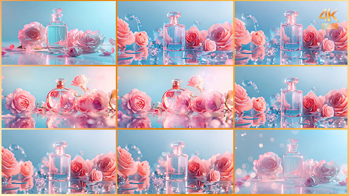 唯美香水场景 粉色玫瑰香薰喷雾瓶子广告