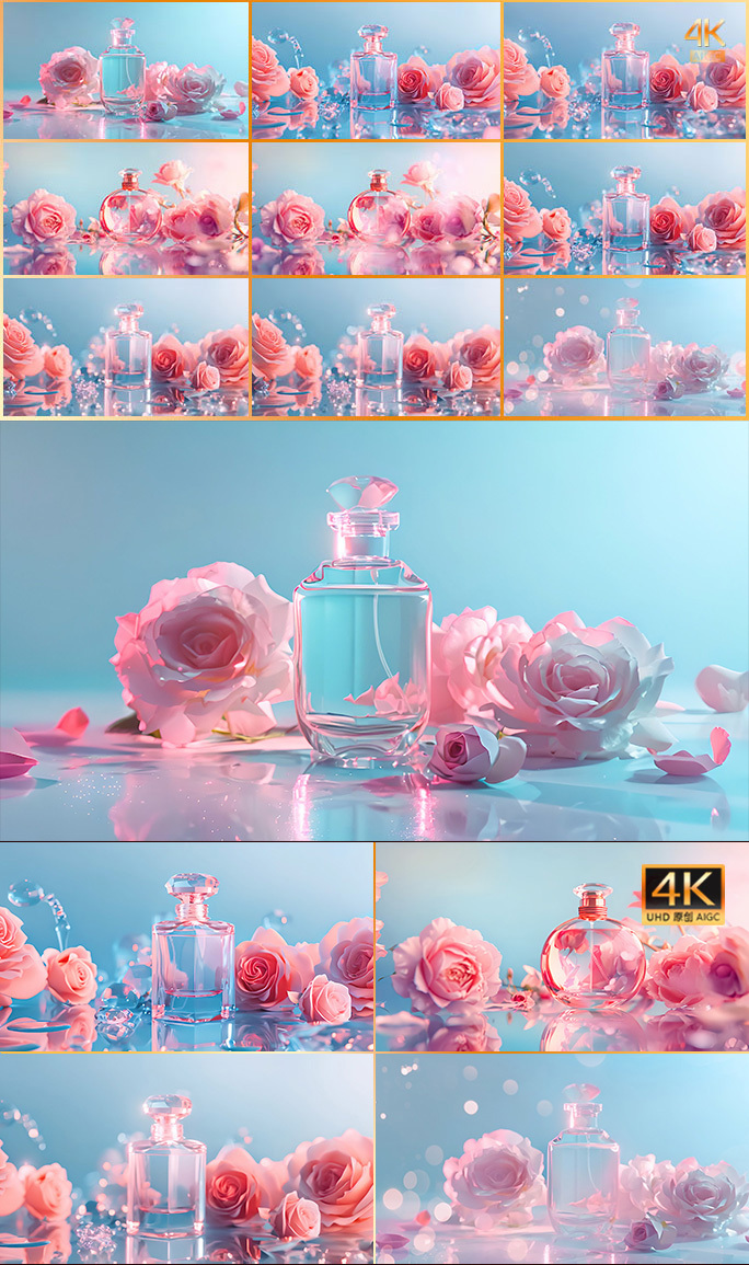 唯美香水场景 粉色玫瑰香薰喷雾瓶子广告