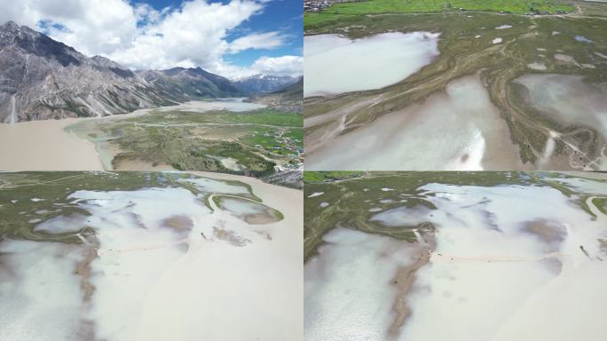 六七月西藏然乌湖航拍草原湖泊雪山同框风景