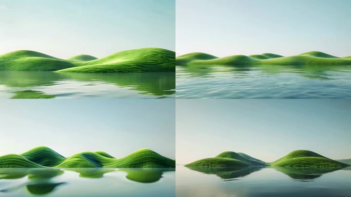 三维抽象绿色草地山丘，水面波纹广告背景