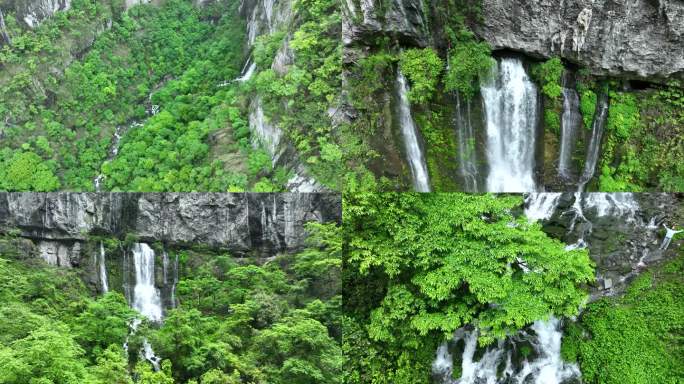 航拍贵州绿色山谷瀑布飞溅山崖自然生态4K