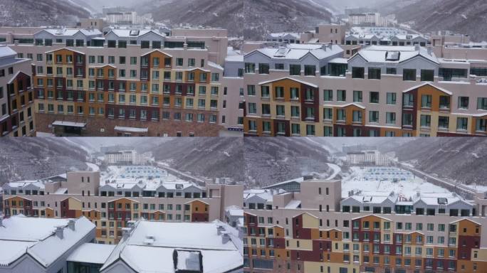 航拍张家口崇礼区密苑云顶滑雪场酒店雪景