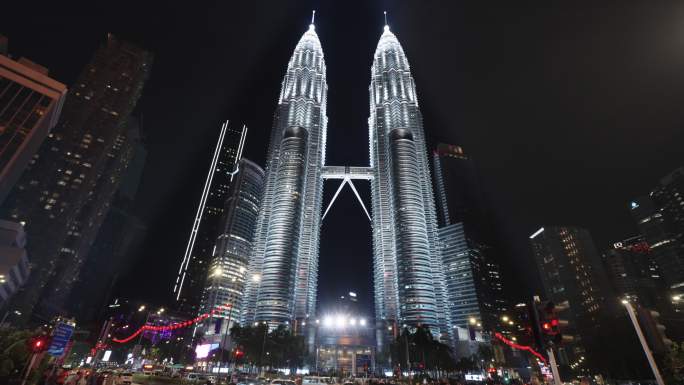 夜晚马来西亚双子塔4K城市地标延时