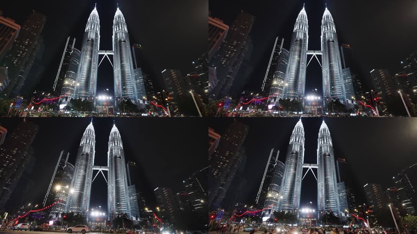 夜晚马来西亚双子塔4K城市地标延时