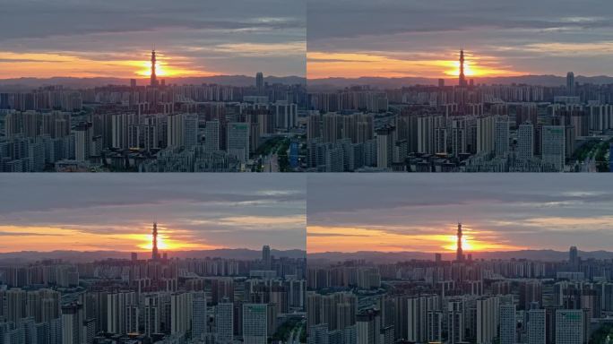 成都最高楼蜀峰468在朝霞中与太阳光结合