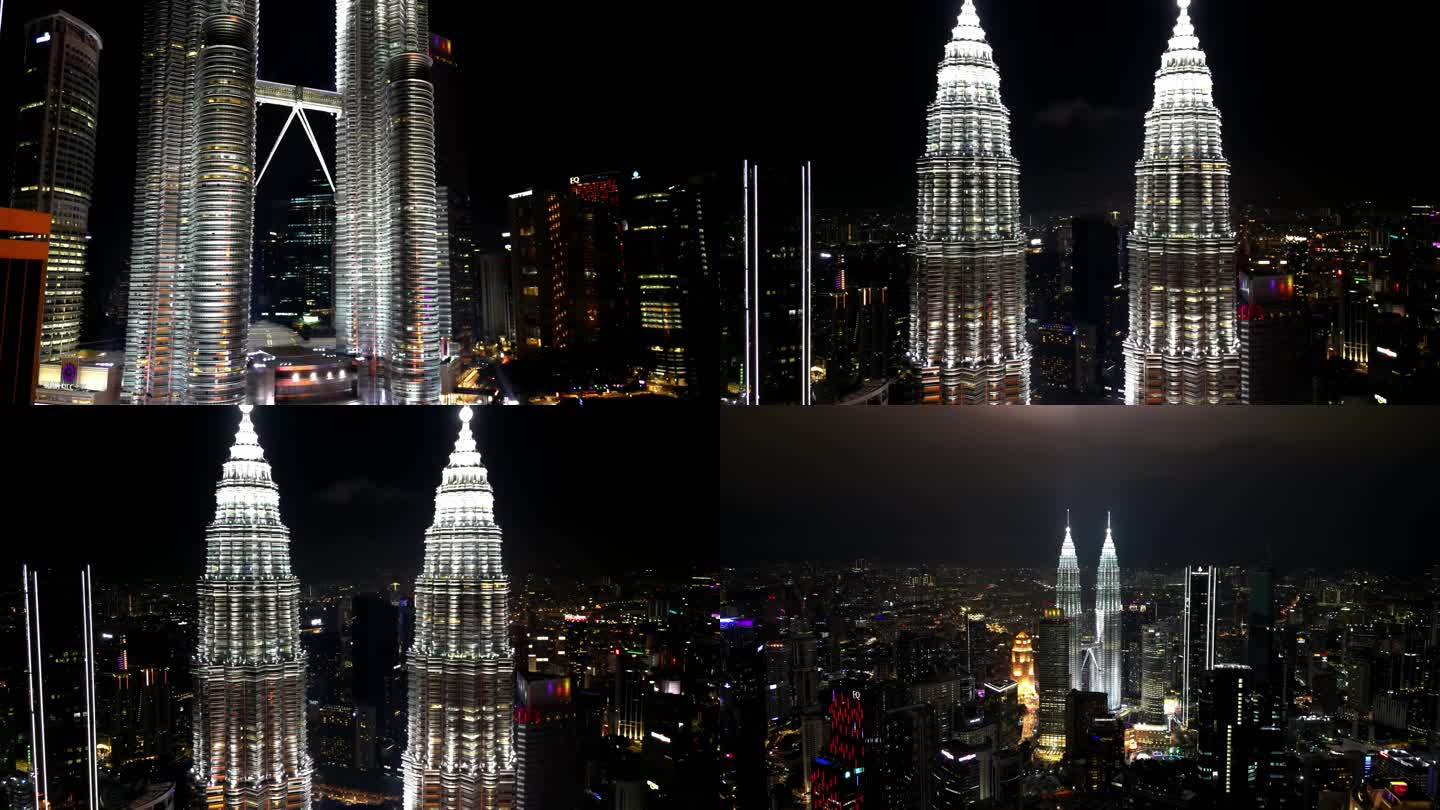 夜晚马来西亚双子塔4K城市地标航拍