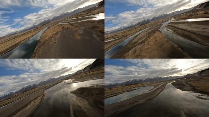 FPV飞跃西藏阿里地区河流湿地落日