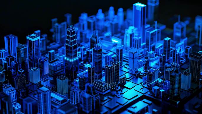 AI互联智慧城市，蓝色发光虚拟城市模型