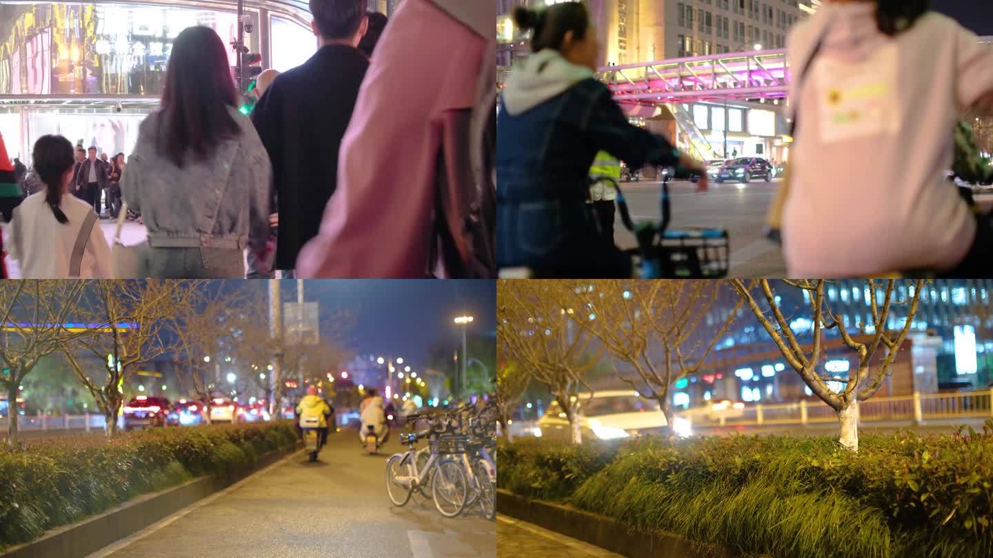 杭州城市夜晚行人过马路车流人流脚步人文视