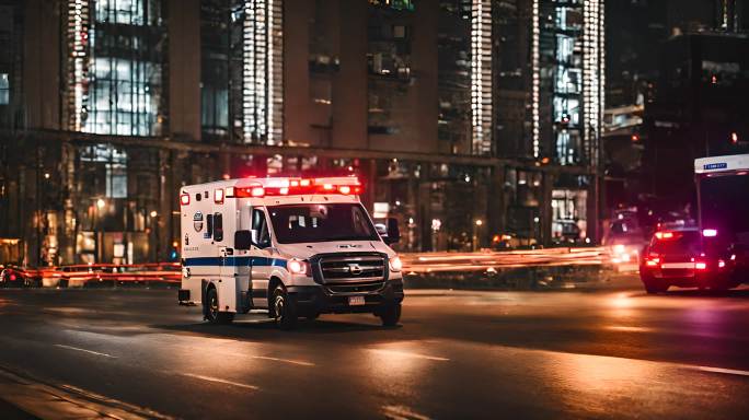 夜间开着灯在城市街道上行驶的救护车