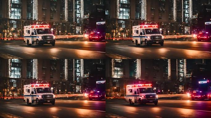夜间开着灯在城市街道上行驶的救护车