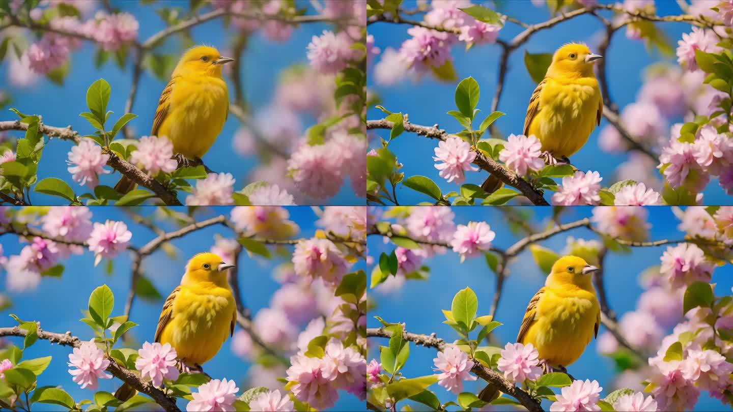 可爱的黄色小鸟在开满花的枝头