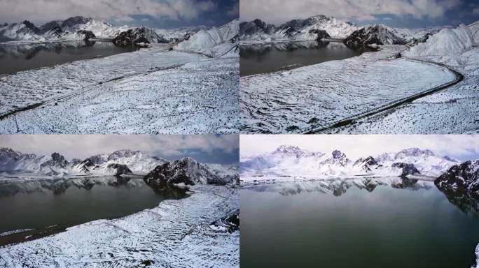 航拍4K汽车行驶青海甘肃新疆冰川雪地湖面
