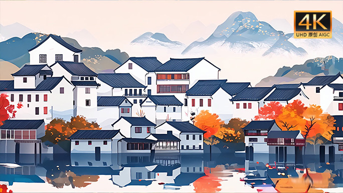 唯美中国山水乡村 工笔水彩画徽州卡通动画