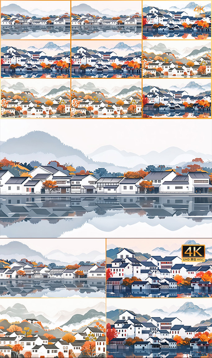 唯美中国山水乡村 工笔水彩画徽州卡通动画