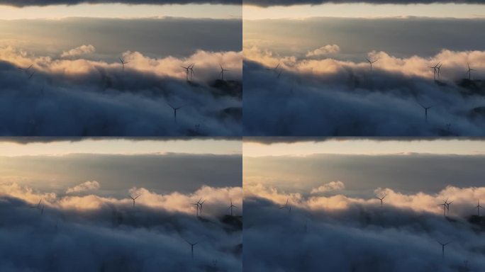 日出时分桂林天湖高山上的云海和风力发电