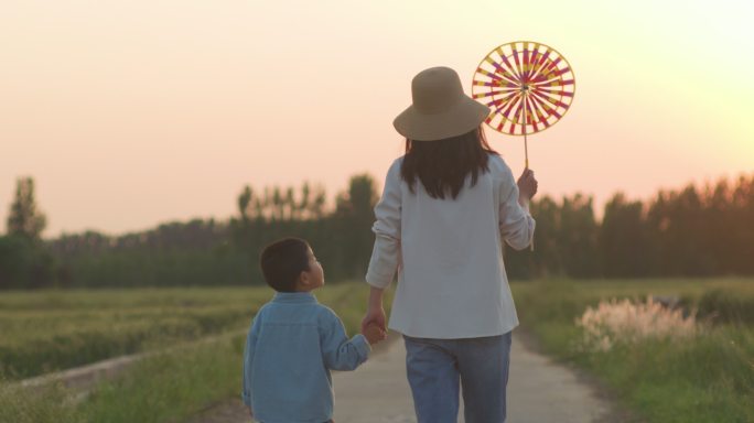 母子麦田牵手玩风车