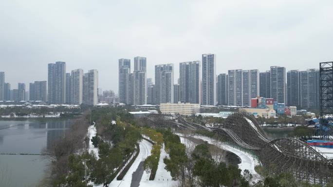 航拍-城市雪景-武汉东湖绿道