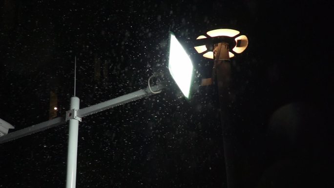 冬天大雪天夜晚路灯下雪画面