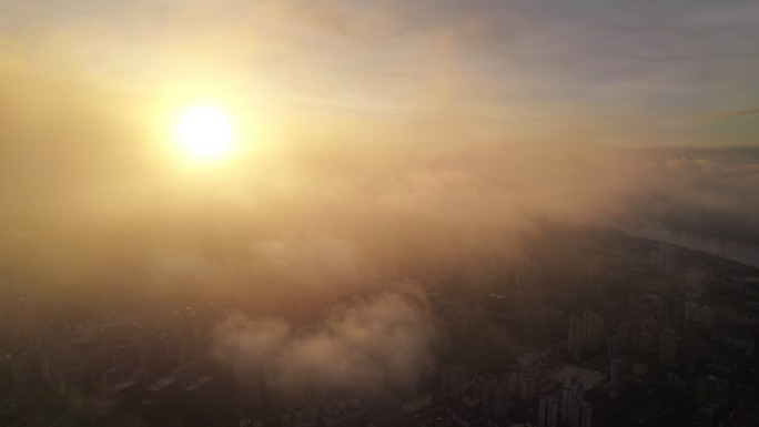 上海北外滩地标平流雾日出航拍长镜头