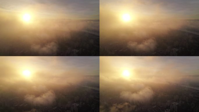 上海北外滩地标平流雾日出航拍长镜头