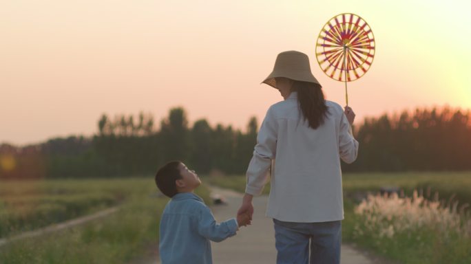 母子麦田牵手玩风车