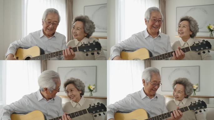 快乐的老年夫妇在家弹吉他