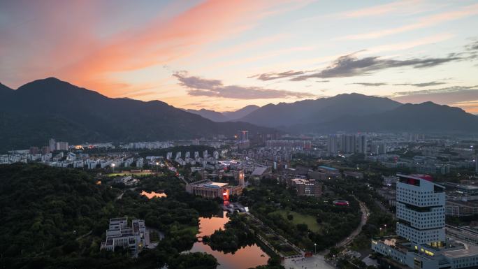 福州大学旗山校区晚霞航拍大范围延时