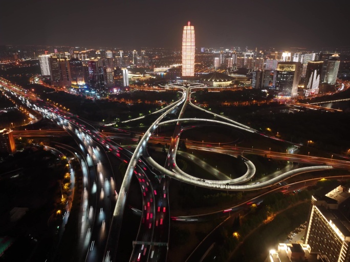 郑州市夜景航拍延时大玉米金水路立交桥绿地