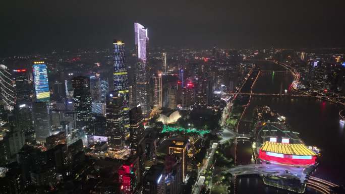 广州夜景航拍珠江新城花城广场夜晚高楼大厦