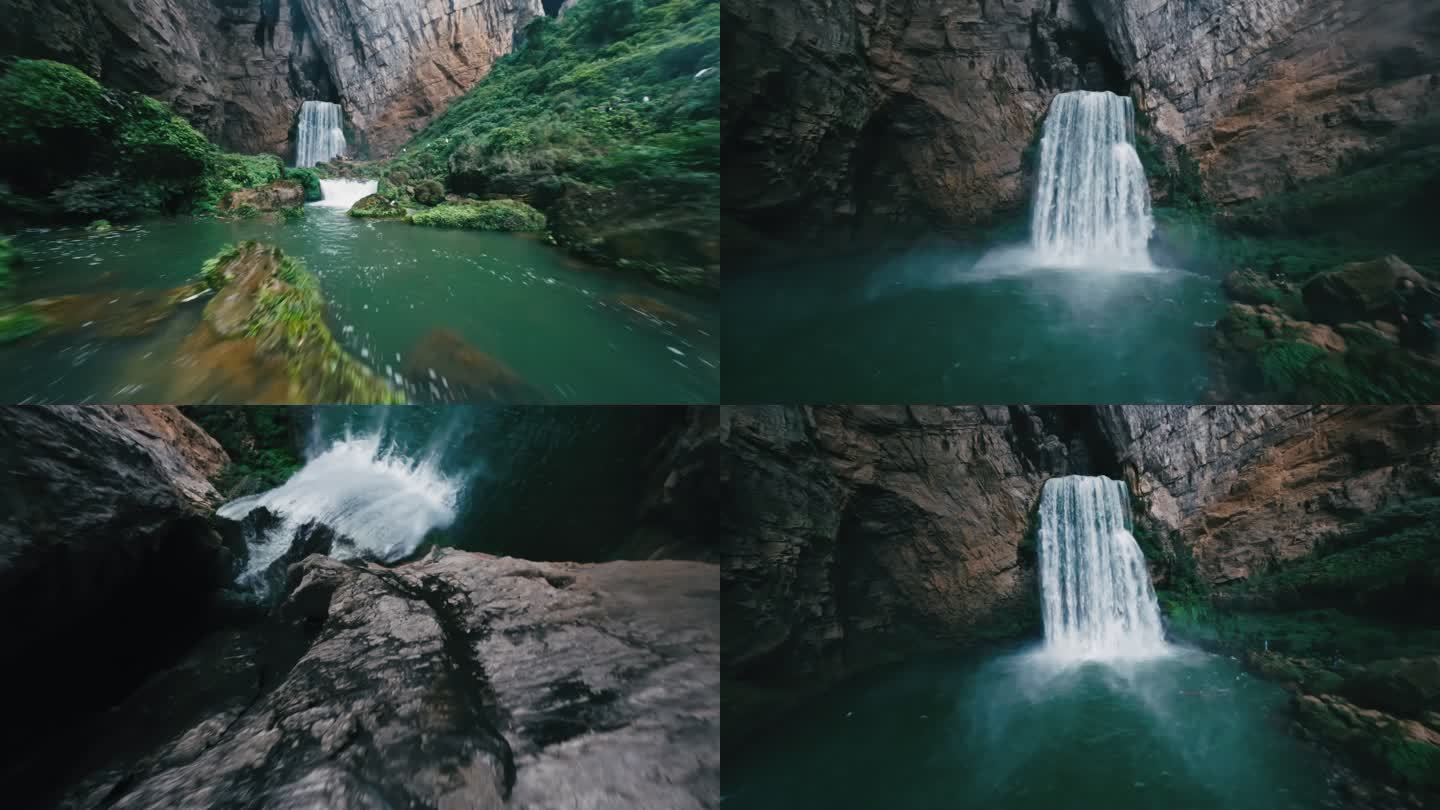 贵州羊皮洞瀑布穿越机FPV航拍 俯冲瀑布