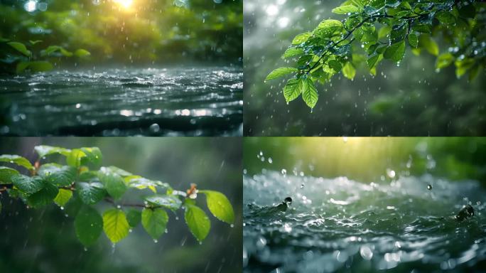 下雨天树叶子雨露露水雨滴唯美ai素材春天