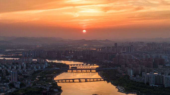 宁波江北姚江日落夕阳晚霞跨江桥剪影