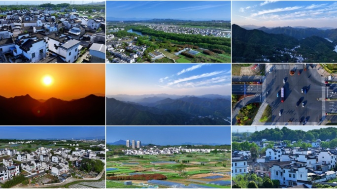 航拍皖南美丽乡村.夕阳.气壮河山.古村落