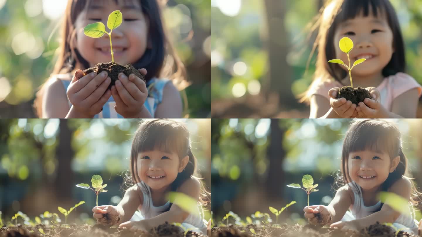 小女孩捧着小树苗种植4K