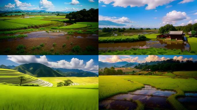 乡村田野稻田水稻村庄风景