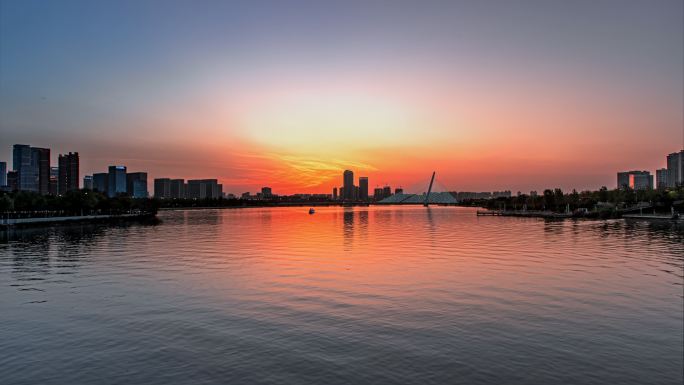 西安后海欧亚大桥夕阳延时