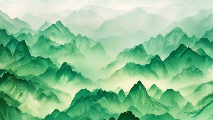 中国风意境山水画，千里江山青绿