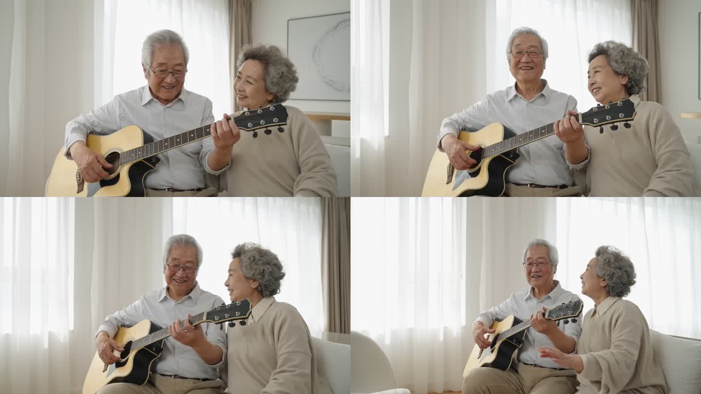 快乐的老年夫妇在家弹吉他唱歌