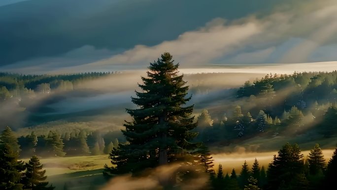 清晨云雾日出阳光森林山林风景