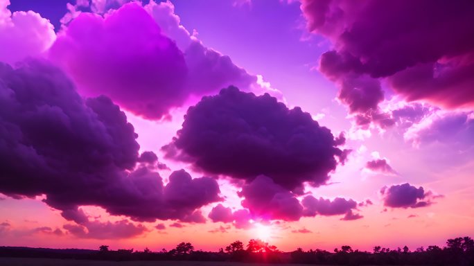 梦幻紫色橙色天空风暴云黄昏日落时间流逝