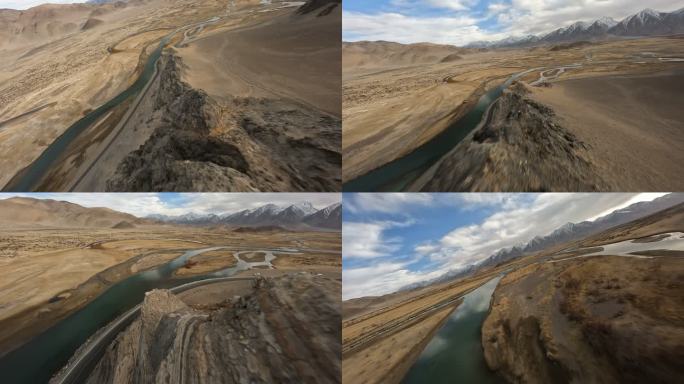 FPV飞跃西藏阿里的山尖碎石入河流