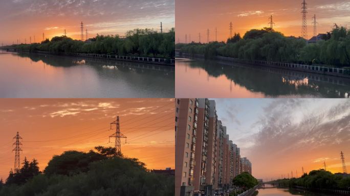 上海郊区五月的世纪晚霞惠新河傍晚