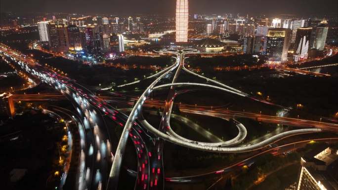 郑州市夜景航拍延时大玉米金水路立交桥绿地