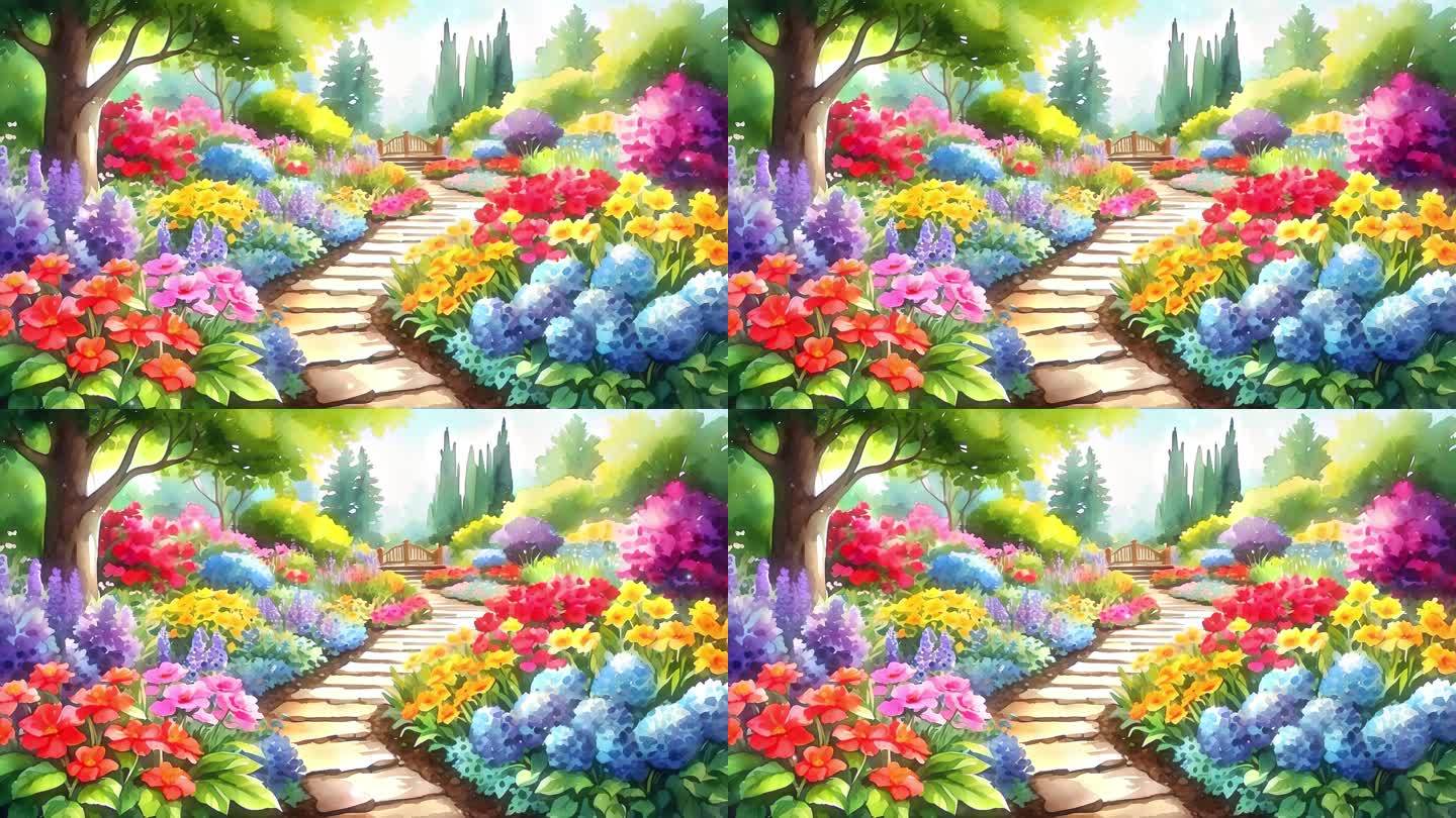 4K唯美梦幻卡通油画花园花海花园鲜花背景