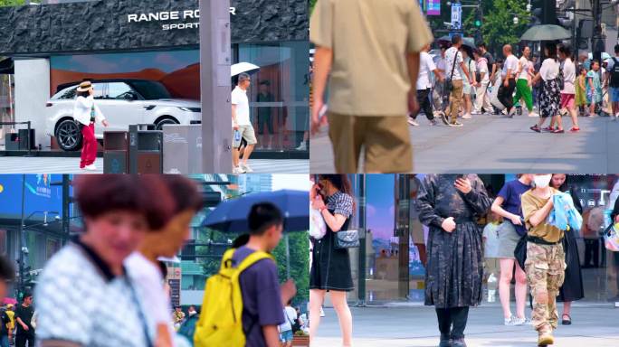 城市夏天暑假酷暑高温炎热街道人群人流街景