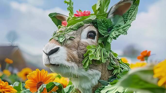 花瓣野花组成的兔子+兔子 吃草 草地