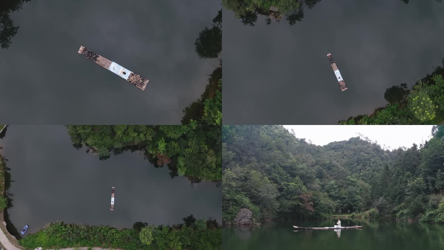 4K航拍林间湖泊水面女子在竹筏上做瑜伽