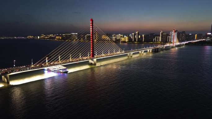 航拍杭州西兴大桥夜景